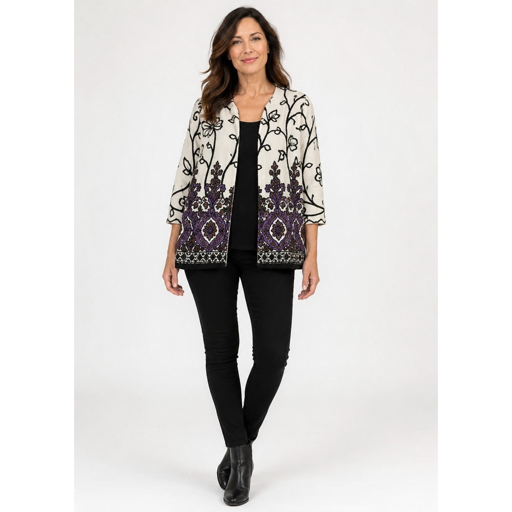 Coldwater Creek Open Front Blazer Jacket Womens 10 White Purple Mandala Print